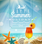 精美夏日假期海报矢量素材，素材格式：EPS，素材关键词：鸡尾酒,夏季,海星,贝壳,风景建筑