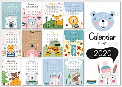 2020,儿童,日历,九月,可爱的,十月,贺卡,斯堪的纳维亚半岛,月,新年前夕
