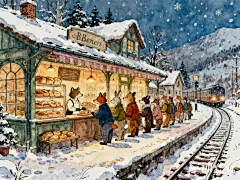 艺术家毕翠克丝波特叠加Kim Jung Gi设计风格，钢笔重彩插画，二维平面设计，色彩丰富，高饱和度，田园风格，极繁主义，不对称构图，细节完美，杰作。线条插画，画面滑稽，简约、夸张、流畅。水彩绘本风格。
        冬天，白雪皑皑，童话可爱动物小镇车站旁边的复古面包店绘本场景，动物们排队买面包，浪漫氛围。冷暖光对比，高级配色，电影光效，高清细节
高品质细节，超高清分辨率，最佳品质，笔触清晰，高饱和度，光影对比，电影质感。32k超高清细致修复。大师级构图，大师级配色。