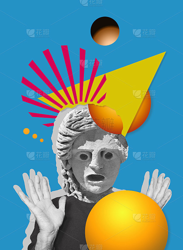 当代拼贴惊讶的雕像头