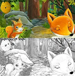 卡通场景与素描与友好的动物在森林-插图