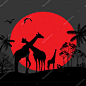 在夜背景，矢量图非洲野生自然景观中的长颈鹿家庭剪影