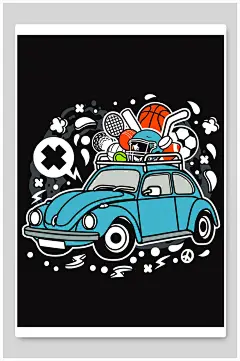 车子抽象涂鸦拟人矢量插画-众图网