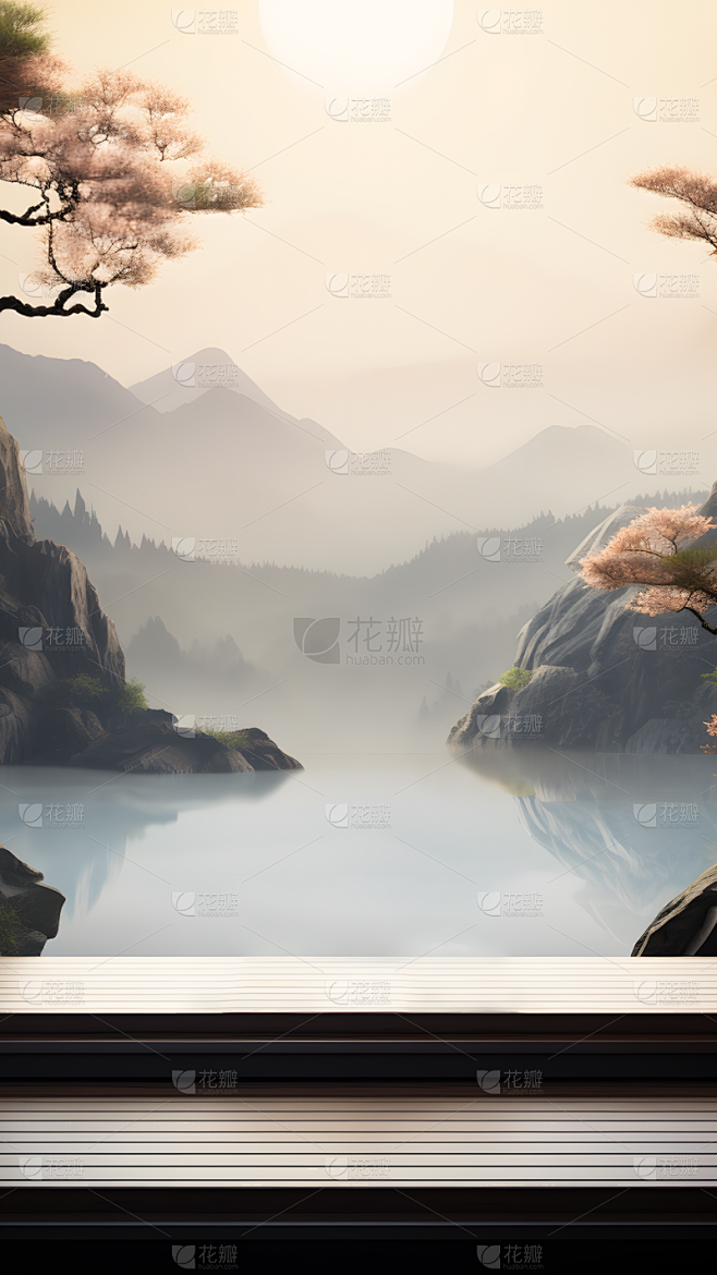 通用电商传统中国风插画中式自然山树风景展...