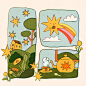 an illustration of tea time with the sun in the sky and stars on the ground