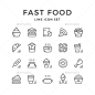 设置行快餐——人造物体对象的图标Set Line Icons of Fast Food - Man-made objects Objects汉堡、蛋糕、鸡肉,薯条,玉米,奶油,杯子,喝,快,食物,法语,汉堡包,图标,说明,垃圾,线,午餐,吃饭,肉,洋葱,轮廓,披萨,流行,戒指,三明治,香肠,集,果汁,汽水,包装 burger, cake, chicken, chips, corn, cream, cup, drink, fast, food, french, hamburger, icon, illust