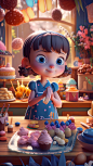 Cute girl with bangs short hair, blue dress, white apron, holds blender, pink headband, big eyes, frontal view of the character, Waving action, brown color palette, double layer cake, biscuits, bread and other delicious food on the table in the foreground