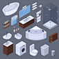 Bathroom isometric interior elements with pieces of furniture and lavatory equipment isolated images on grey background vector illustration