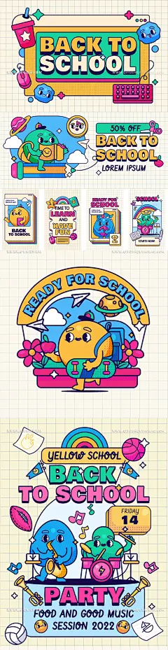 10款趣味手绘卡通学校开学季主视觉插画banner海报ai矢量素材模板-淘宝网