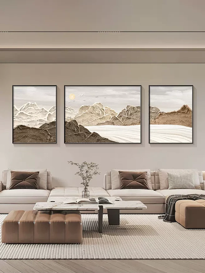 侘寂风客厅装饰画现代简约山水画沙发背景墙挂画抽象肌理感三联画-tmall.com天猫-花瓣网