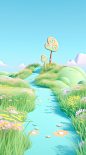 an imaginary pathway through a green expanse, in the style of cute cartoonish designs, rendered in cinema4d, light sky-blue and gold, soft and rounded forms, vivid landscapes, stephen hillenburg, physically based rendering