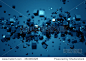 Abstract 3d rendering of chaotic particles. Poster with random cubes in empty space. Futuristic background.