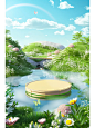 Using a reference image as an example, render a 3D scene of spring atmosphere, a cartoon and interesting animation scene. There is a small stream in the outdoor grassland, a circular platform on the lake surface, some small flowers with zero micro landsca