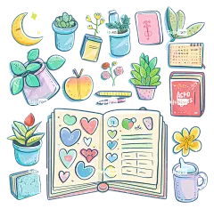 早上好—书籍封面上有植物、心形、蜡烛、时钟