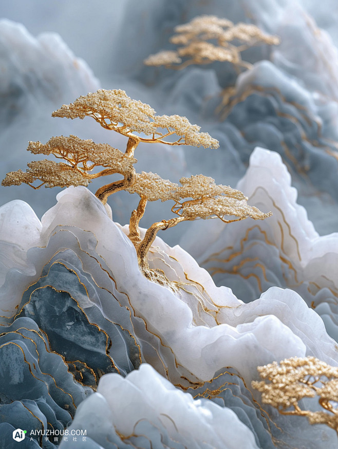 中国风玉石翡翠雕刻黄金松树立体山水画Mi...