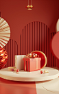 3d illustration scene of red gift bag with red gifts and box, 3d rendering reklama, in the style of light orange and light gold, circular shapes, chuah thean teng, interior scenes, vibrant stage backdrops, oriental, tondo