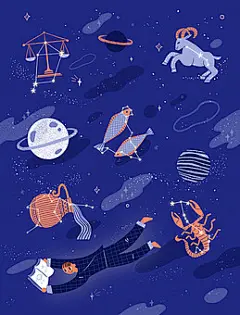 일러스트/사람/환상/별/천문/남자/파자마/엎드리기/책/독서/행성/천칭자리/염소자리/물고기자리/물병자리/전갈자리/꿈/