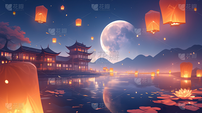 中秋节通用孔明灯月亮背景图片