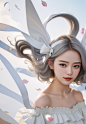 01170--9-a woman,white_background,grey hair,white ribbons fluttering up in the air,beautiful and romantic,curly hair,white petals fall,of