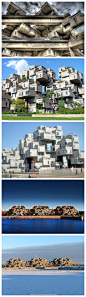 [蒙特利尔圣罗伦斯河畔] 加拿大旅游局： #加拿大地标知多少#Habitat 67是位于蒙特利尔圣罗伦斯河畔Saint Lawrence River的一个住宅小区，它的外形就像一团失控了的俄罗斯方块，是蒙特利尔的地标性建筑。这座奇特的建筑在威尔•法瑞尔 Will Ferrell主演的电影荣誉之刃Blades of Glory中也有出镜。