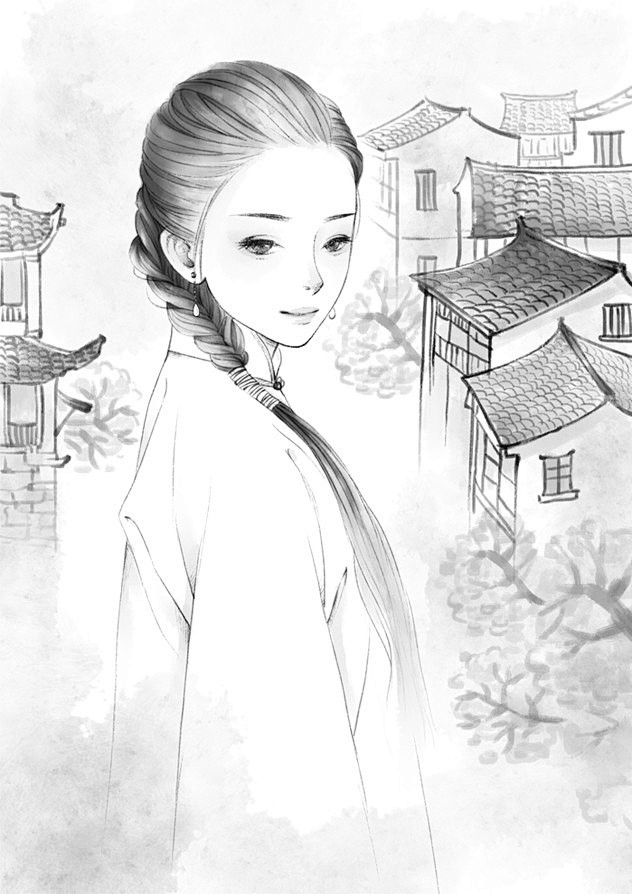 江南-胡子小妞_黑白插画