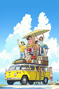 学生放暑假漫画风结业插画