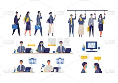 一天的工作，商人在新的正常生活方式。平面设计矢量插图蒙面商人。