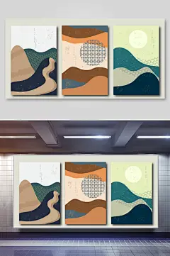 日式背景和风几何抽象三联装饰插画墨绿色