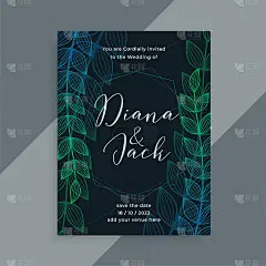 创意暗色婚礼请柬模板设计与线条树叶