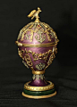 #Fabergé  --  Egg With Double-Headed Eagle Finial  --  Workmaster: Henrik Wigstrom (St. Petersburg)  --  Diamonds & precious stones placed throughout  (possibly ruby).  Interior of lid covered in velvet with rabbit resting in center.