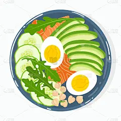 佛碗配鳄梨、三文鱼、黄瓜、鸡蛋、鹰嘴豆、rucola、孤立。前视图。矢量手绘插图。