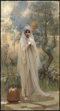 Arthur Hacker: "The annunciation", 1892, oil on canvas, Dimensions: Height: 231.1 cm (91 in). Width: 125.7 cm (49.5 in). Current location: Tate Britain.