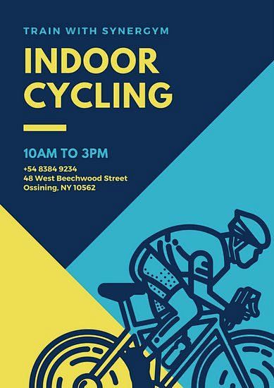 蓝色黄色插图骑自行车的健身房海报