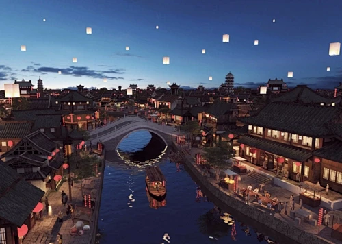 古代夜景 江南水乡夜景 古城夜景 孔明灯 古代集市夜景 -花瓣网