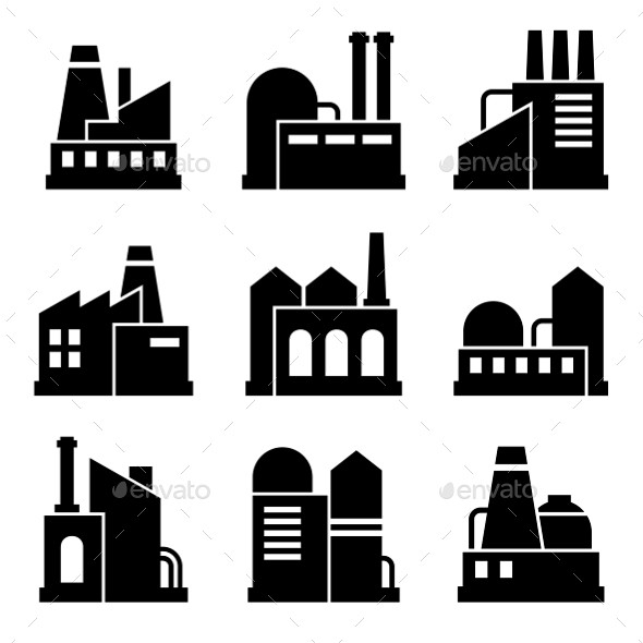 工厂和电力工业建筑图标——建筑对象集Factory And Power Industrial Building Icon Set ...