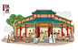 古代街市商业店铺插画古建筑传统工艺老北京老字号古代繁华商业图