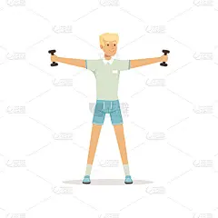 年轻的宇航员在锻炼身体。卡通人物站立与臀部距离和举起手臂哑铃。shortswear的家伙。平面向量