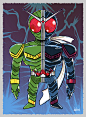 TOKU II (Kamen Riders) : Tokusatsu, Part 2.A series of Kamen Riders, old and new. Character Illustrations are digitally drawn in Photoshop and silkscreened by hand on paper.