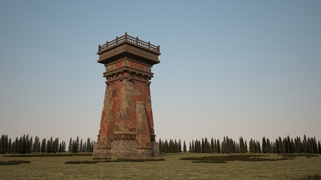古代哨塔骑楼哨岗建筑3D模型的渲染材质灯光