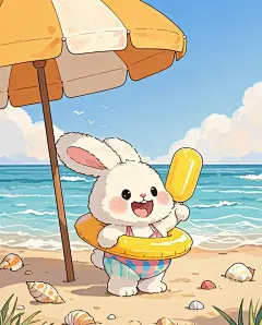 手绘插画可爱的小兔子在海边玩大大的太