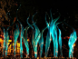three blue glass sculptures in the dark with lights shining on them and grass growing next to it
