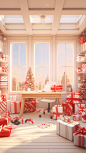 Red and white TurboTax Christmas presents bright room hyperdetailed, 8k, hyperrealistic