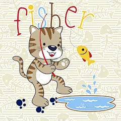 cute cat cartoon fishing on fish bone background