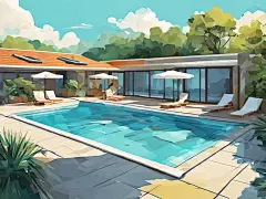 扁平风夏季游泳池插画AI数字艺术