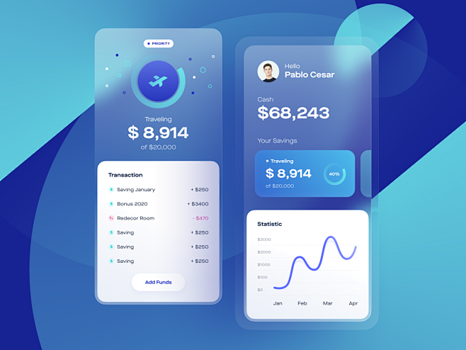 Saving App Concept图形余额npw money界面蓝色服务半透明产品设计个人银行业务储蓄投资金融科技金融预算统计支出银行应用