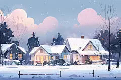 【AI数字艺术】立冬节气，城市街道房屋下雪场景插画下载