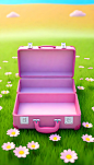 A-open-empty-pink-suitcase-on-the-wide-grass-surrounded-by-flowers--in-front-view--high-view--the-suitcase-is-empty-inside--with-sky-blue-background--in-the-cartoon-style--rendered-in-C4D--as-a-3D-sce (6)