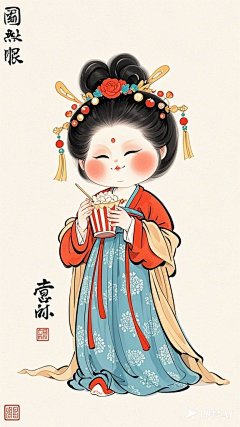全景,水墨插画,极简主义，漂亮的唐代女士插画,女士在电影院看电影，现代人物与古风工笔画结合，画风细腻成熟，独特的风格，识别度高，人物讨喜又不失韵味，可爱的Q版唐代风俗画图，背景简洁，纯色背景。
