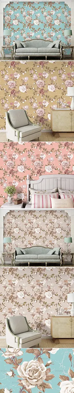手绘玫瑰美式田园风卧室客厅壁纸