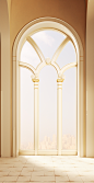 a photo of a golden arched window, in the style of lee broom, physically based rendering, light yellow and light beige, antonio canova, glossy finish, kodak ektar 100, 32k uhd